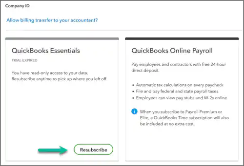 Resubscribe or Reactivate QuickBooks Online