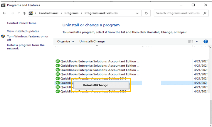 Uninstall/Change QuickBooks in Control Panel
