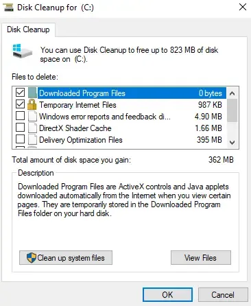 Disk Cleanup Scans Selection