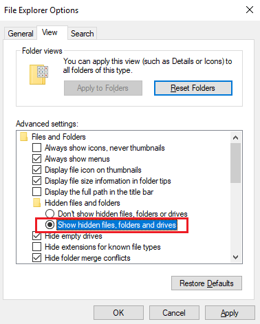 Enable hidden files and folders