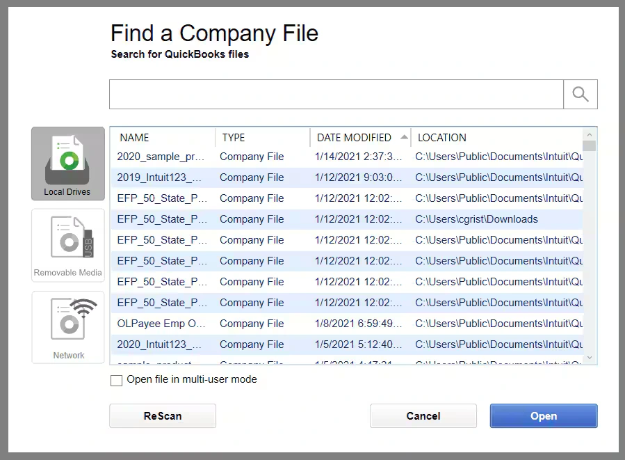Locate the company file with the .QBW extension