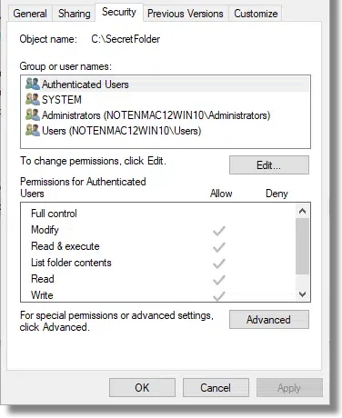 Properties of folder open Security