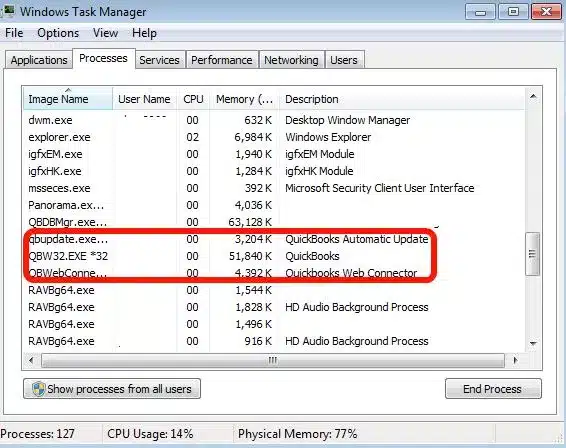 QBW32.EXE, qbupdate.exe, and QBDBMgr.exe in Task Manager