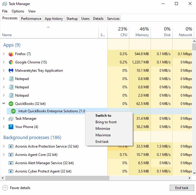 QuickBooks in Task Manager