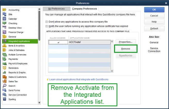 Remove the Application from QuickBooks Preferences