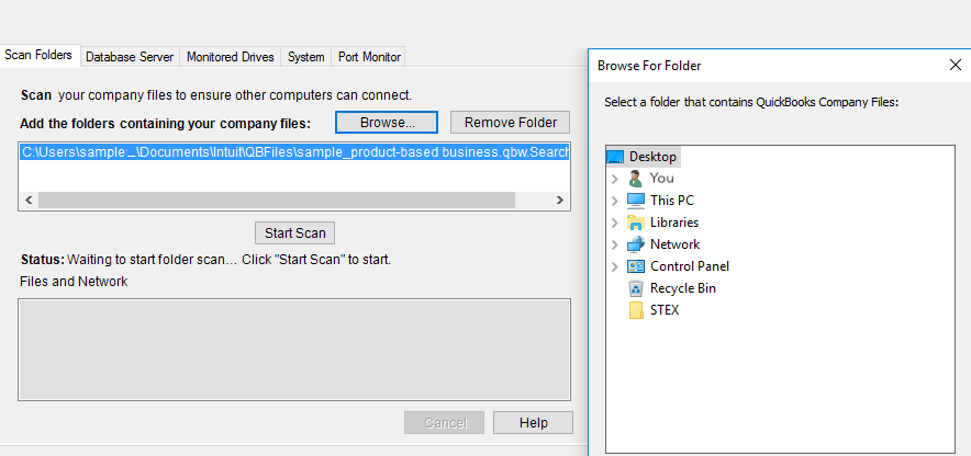 Scan Folders tab in QuickBooks Database Server Manager