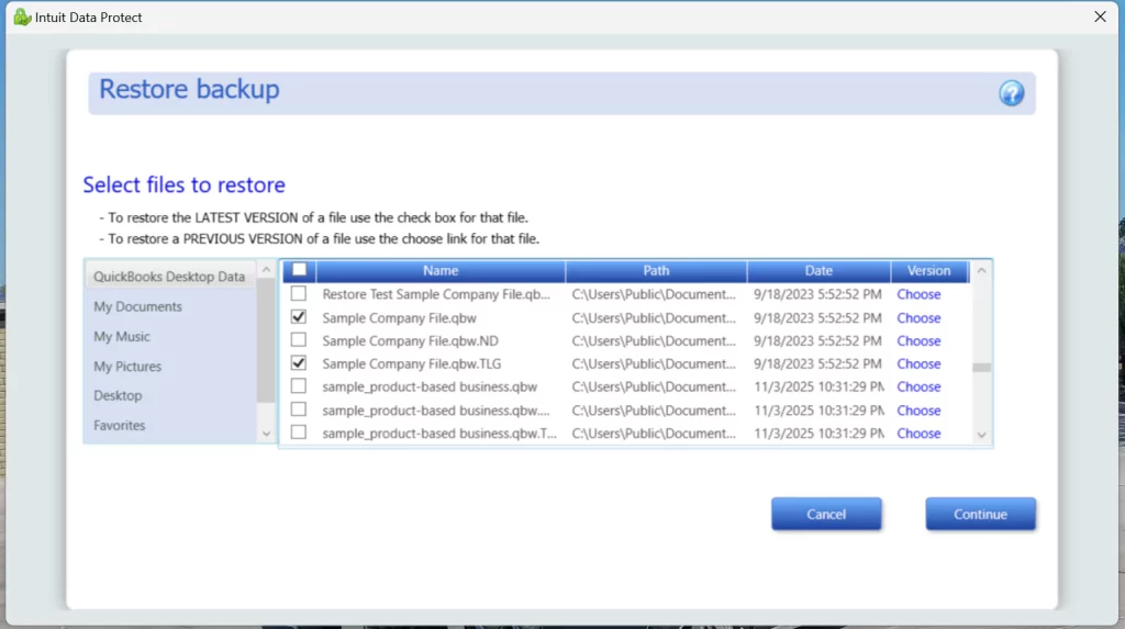 restoring a recent backup in QuickBooks