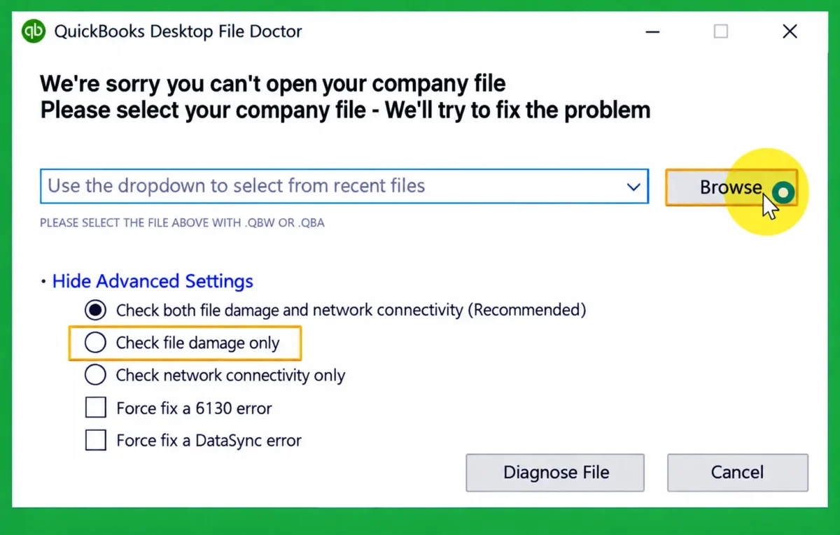 Select your company file from the dropdown after opening file doctor
