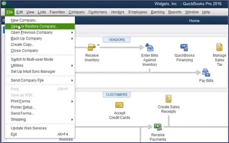 open or restore company file