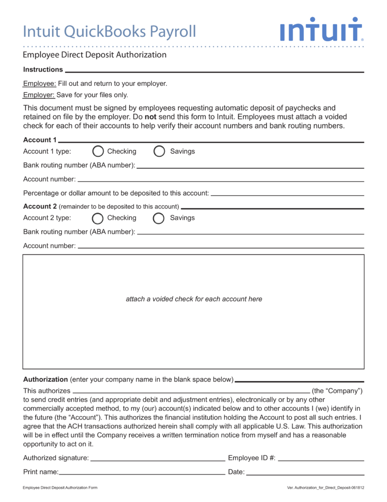 QuickBooks Direct Deposit Authorization Form