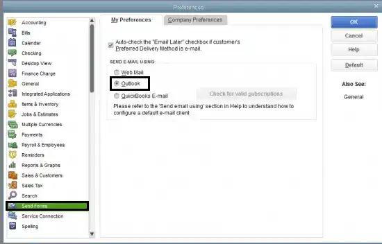 Select Outlook in My Preferences