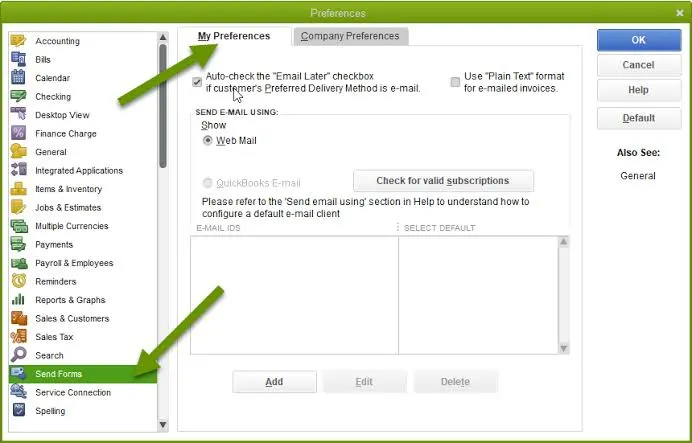 Send Forms Preferences in QuickBooks